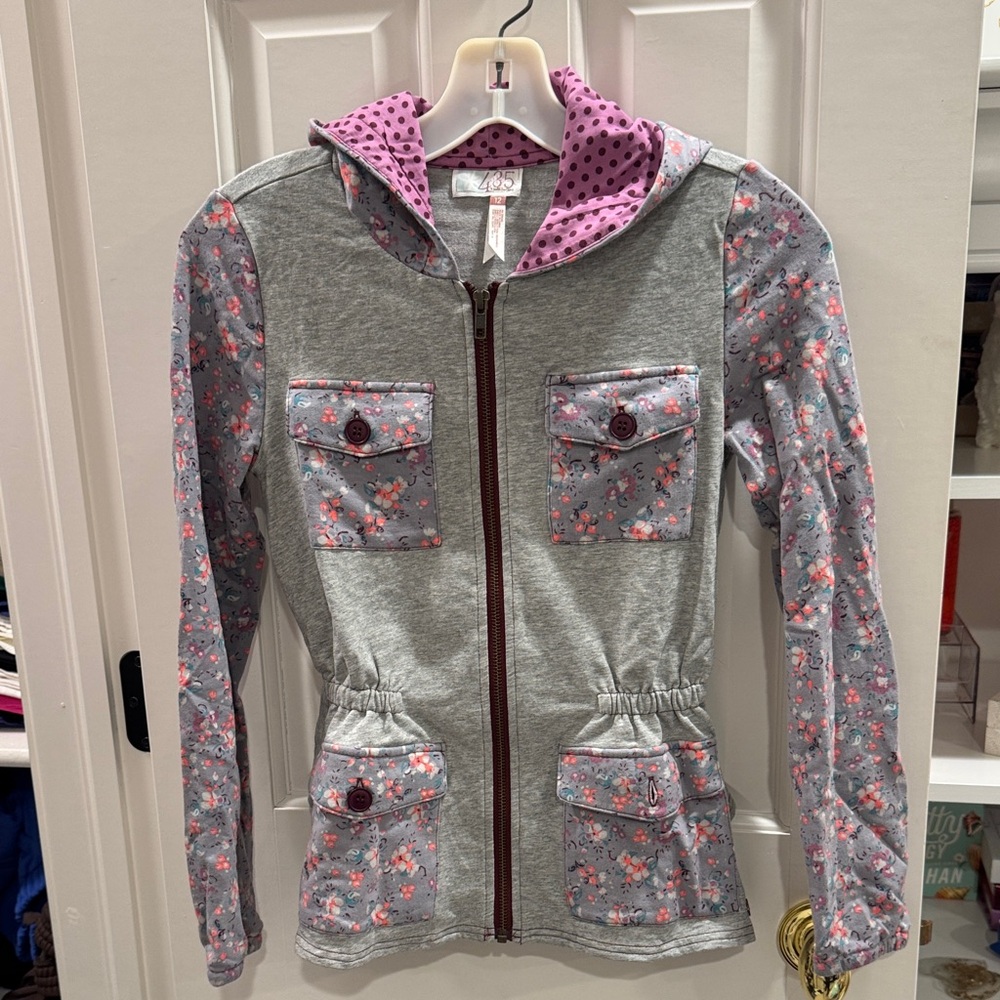 Girls' Floral Gray and Pink Hoodie
